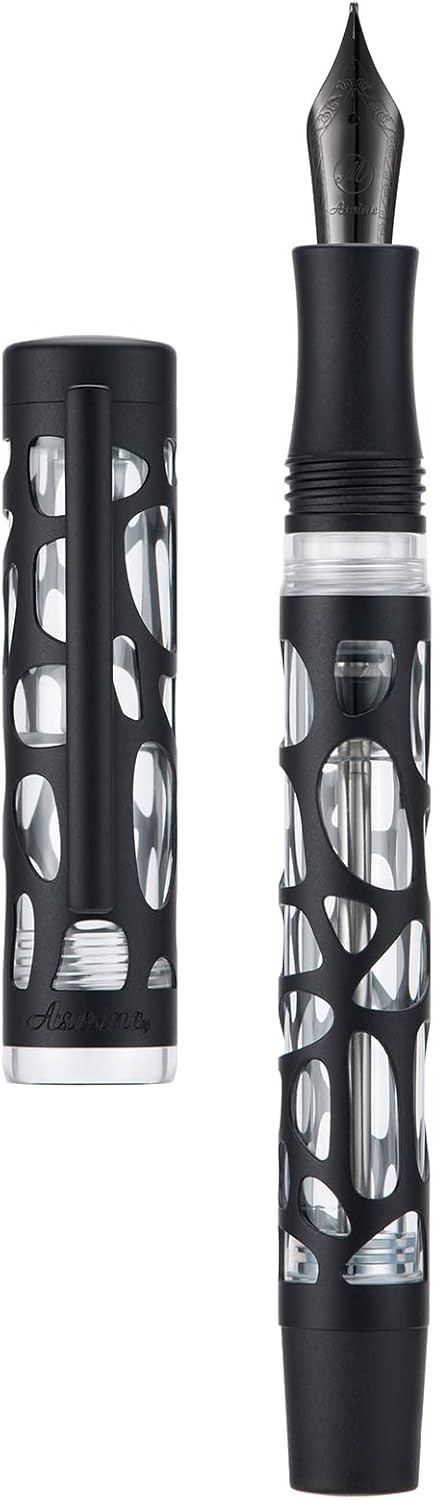 Asvine V169 Vacuum Filling Fountain Pen, Matte Black Water Drop Skeleton Transparent Acrylic Pen, Black Extra Fine Nib Office Pen with Case Set