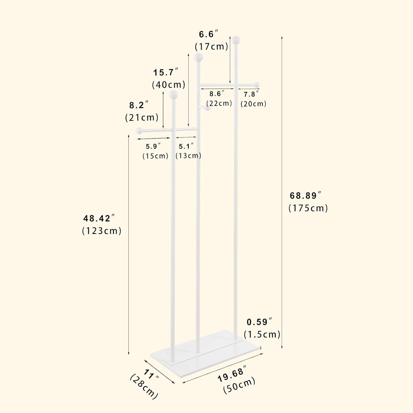 Freestanding Coat Rack with Marble Base Heavy Duty Clothes Rack Metal Coat Tree Stand Hat Rack for Corner Bedroom Entryway Living Room Hotel 19.69 x 11.02 x 68.9 Inches (White)