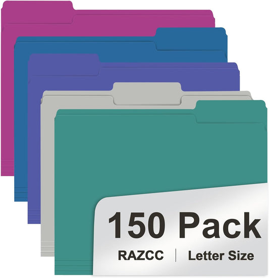 File Folder, RAZCC 150 Pack 1/3 Cut Tab File Folders Letter Size, Colored File Folders for Office Classroom Use, Colored Folders with Tabs, Assorted 5 Colors