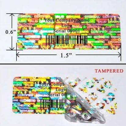 10,000 Tamper Evident Holographic Custom Print Silver Security Label Seal Sticker, Rectangle 1.5" x 0.6" (38mm x 15mm).