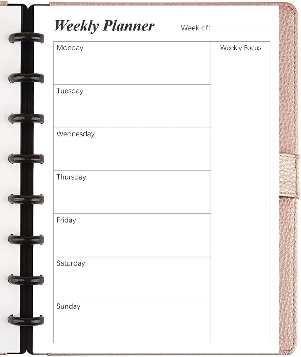 (2-Pack) Weekly Planner Undated Refills - Junior Size 106 Sheets/212 Pages Weekly Planner for 8-Disc Discbound, 100 gsm White Paper, Lasts 1 Year, Undated, 5.8" x 8.3", Black