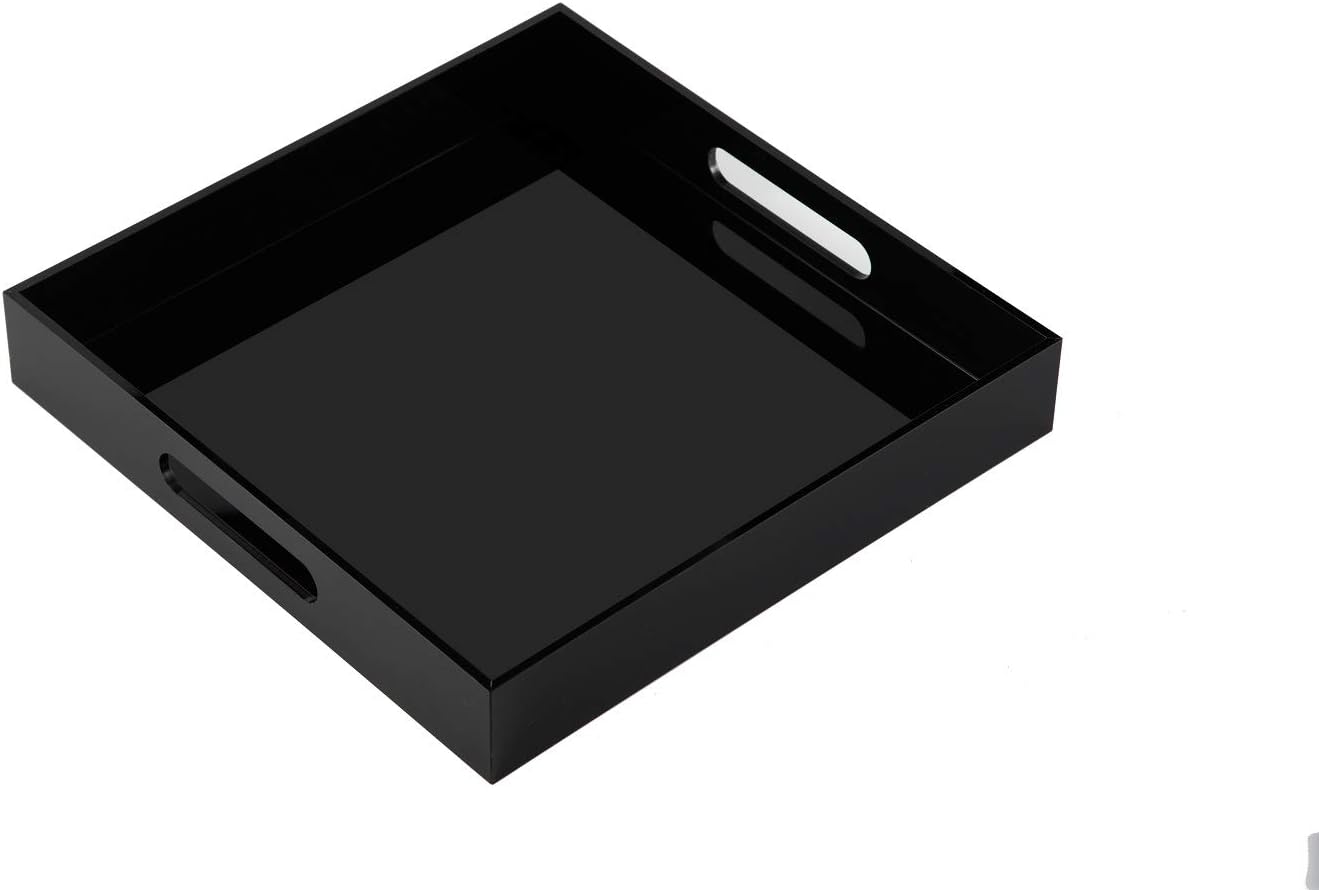 Glossy Black Acrylic Serving Tray - 14x14Inch, Multipurpose, Sturdy, Modern Style, Spill Proof, Countertop Organizer, Vanity Table Tray