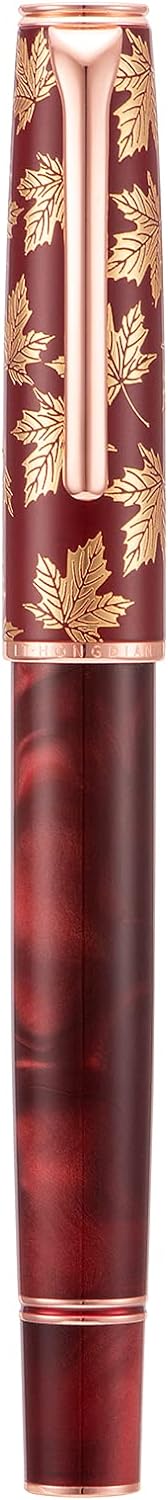 Hongdian N8 Red Acrylic Fountain Pen, Long Blade Fine Nib Rose Gold Trim Maple Leaves Carving Cap, Smooth Writing Pen with Converter and Metal Pen Box Set