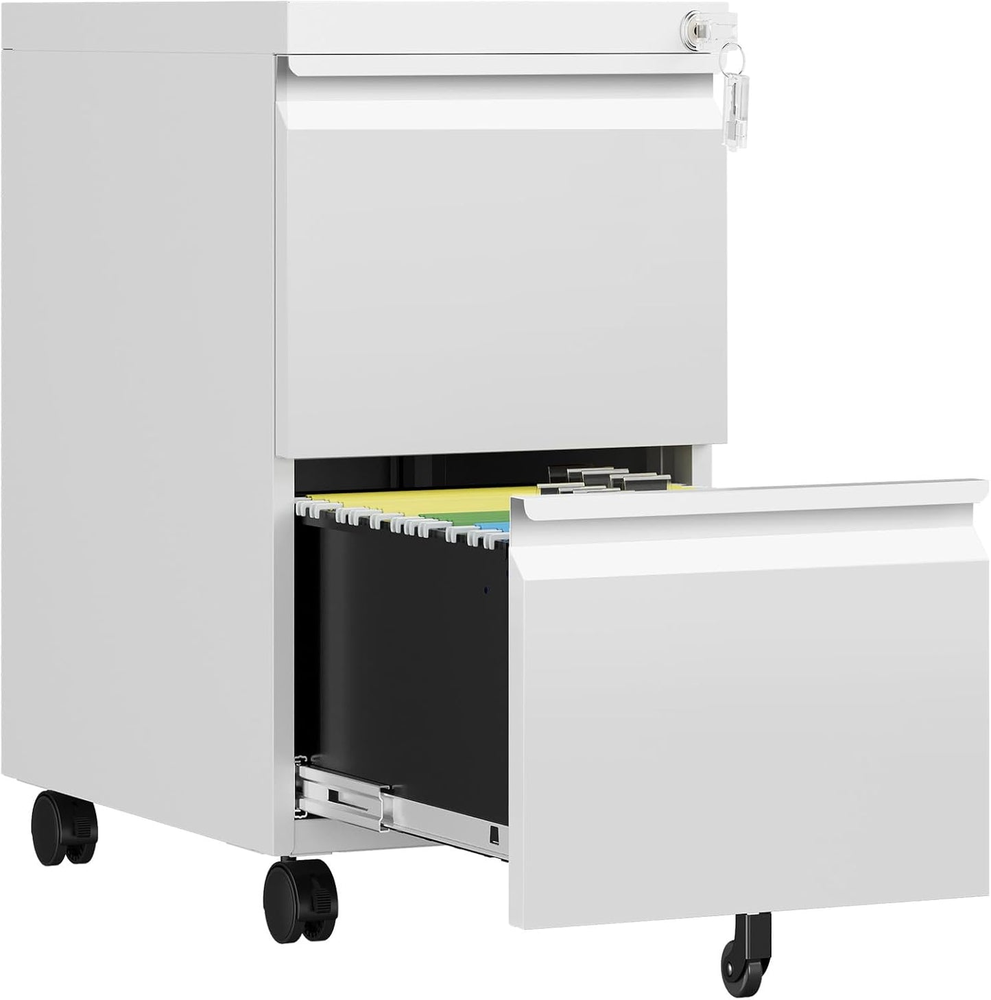 2 Drawer File Cabinet with Lock, Rolling File Cabinets for Home Office, Small Metal Filing Cabinet Office Drawers Under Desk for Letters/Legal/A4 Size, Assembly Required