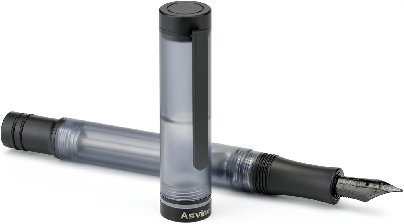 Asvine V200 Titanium Fountain Pen Vacuum Filling, Matte Black Medium Nib Clear Demonstrator Acrylic with Pen Case and Wrench