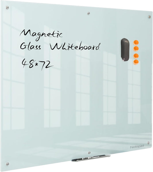 Glass Whiteboard 48 * 72Inches Magnetic Wall Mounted Glass Whiteboard, Large Frameless Glass White Board for Wall Office, Home & School