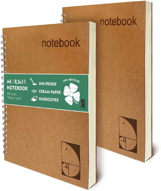 2-Pack A4 Lined Spiral Notebooks - 200+200 Lay Flat Pages - 100gsm Ink Proof Paper - Wirebound Hardcover Executive Notebooks - Daily Writing Journal 8.5"x11"