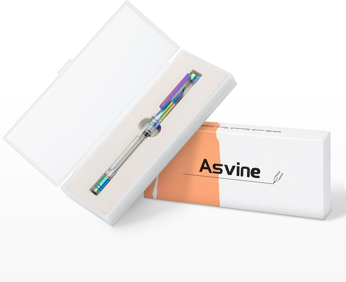 Asvine V200 Titanium Fountain Pen Vacuum Filling, Rainbow Iridium Fine Point Transparent Acrylic Smooth Writing Pen Case Set