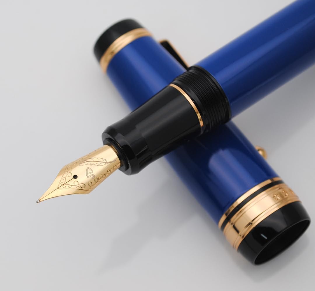 Metal Big Fountain Pen Set Medium Nib 0.7mm, Includes Ink Refill Converter, 5 Ink Cartridges & Gift Box (Medium Nib 0.7mm, Blue)