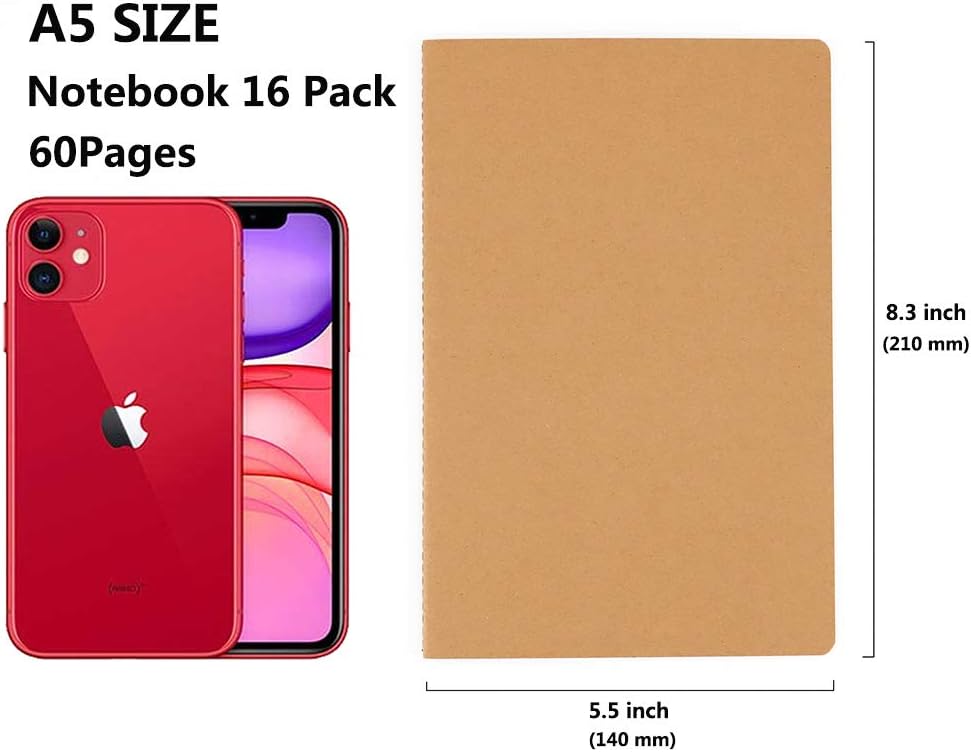 16 Pack Kraft Notebooks, Journals in Bulk for Writing, Blank Paper Sketchbooks, 60 Pages Notebook, 8.3x5.5 Inch, A5 Size, Travel Journal Set, for Gifts, Students and Office Supplies