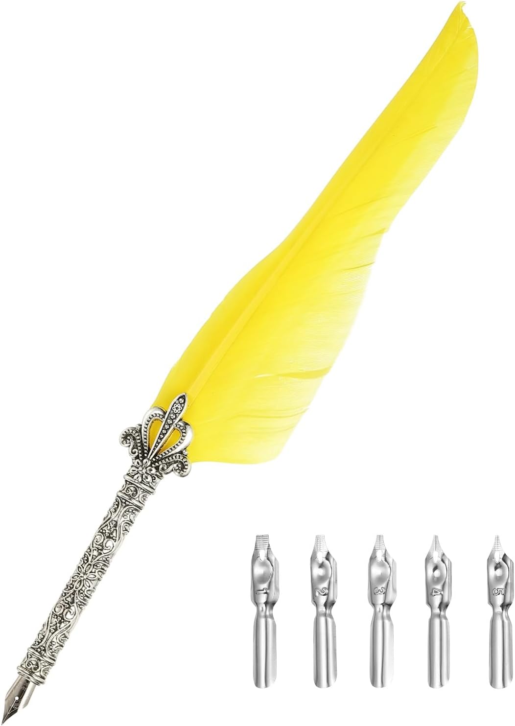 PATIKIL 26.5cm/10.4" Calligraphy Feather Quill Pen, Vintage Feather Dip Pen with 5 Replacement Nibs for Calligraphy Writing Wedding Office Gifts, Light Yellow