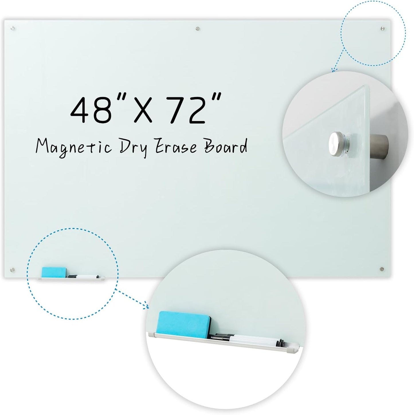 Glass Magnetic White Board – 72 x 48 Inches Dry Erase Frameless Whiteboard for Wall, Large Writing Board Wall Mounted Glass Board for Display, School and Business Office