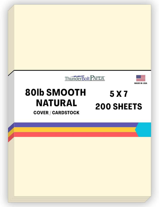 200 Natural Smooth Card Stock Sheets Paper - 5 X 7 Inches Photo Card Frame Size - 80# (80 lb/Pound) Cover Weight - Quality Paper - Smooth Finish