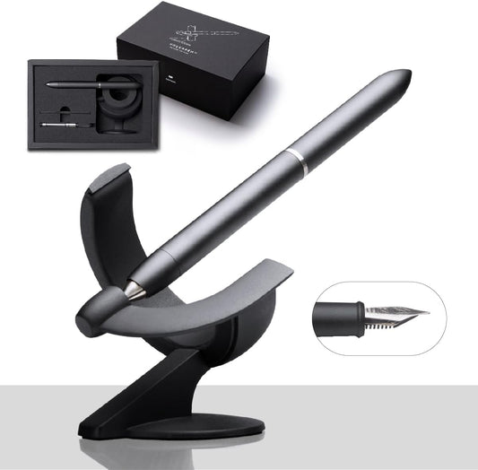 novium Hoverpen Future Edition - Luxury Metal Fountain Pen, Fine Nib, Futuristic Aesthetic, Free Spinning Executive Pen, Gift for Dad (Deep Black)