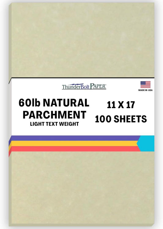 100 Natural Parchment 60# Text (=24# Bond) Paper Sheets - 11" X 17" (11X17 Inches) Tabloid|Ledger|Booklet Size - 60 Pound is Not Card Weight - Vintage Colored Old Parchment Semblance