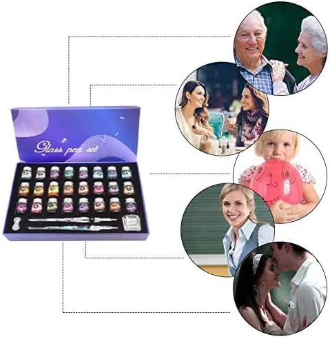 Glass Dipped Pen Ink Set Handmade Crystal Calligraphy Pen with 24Colorful India Ink for Art, Signatures, Drawing, Decoration, Caligraphy Kits for Beginners