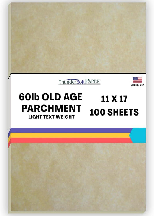 100 Old Age Parchment 60# Text (=24# Bond) Paper Sheets - 11" X 17" (11X17 Inches) Tabloid|Ledger|Booklet Size - 60 Pound is Not Card Weight- Vintage Colored Old Parchment Semblance