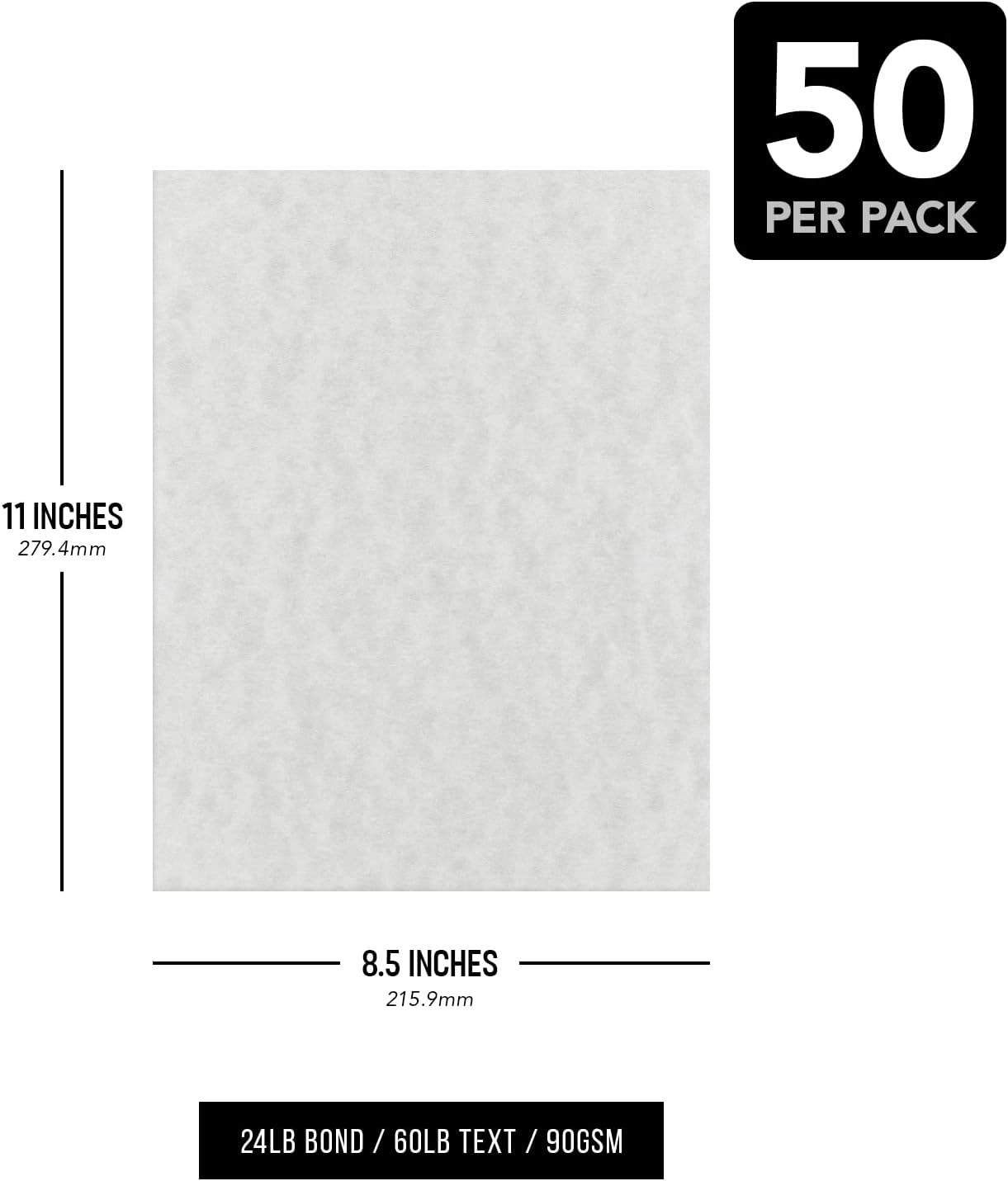 Gunmetal Parchment Paper – Great for Certificates, Menus and Wedding Invitations | 24lb Bond / 60lb Text / 90GSM | Writing, Copy, Printing – 8.5 x 11 Letter Size Paper | 100 Sheets per Pack