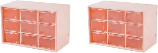 Feadily 2PCS Small Drawer Organizer for Desk, Desktop Drawer Organizer with 9 Clear Drawers, Plastic Desktop Storage Drawers 7.1 Inch x 3 .9 Inch x 4.7 Inch, Pink