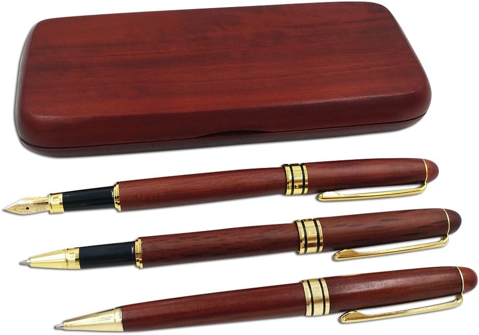 3 Pcs Wooden Pens Set with Gift Case/Best Writing Fountain Fancy Ballpoint Pen and Luxury Gel Pen with Ink Refills, Promotional Business Designer Pens