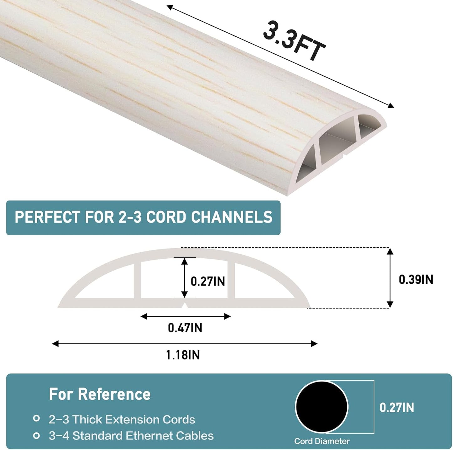 Floor Cord Cover Self Adhesive Cord Hider Floor Extension Cord Covers for Floor Power Cord Protector Cable Management Prevent Cable Trips Cable Cavity 0.47" W x 0.27" H (Beige Wood, 3.3Ft)