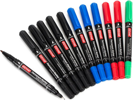 ZEYAR Twin Tip Permanent Markers, CD/DVD Markers, 4 Color, Ultra Fine Point and Fine Point for Signature and Marking (4 Colors, 12 Pack)