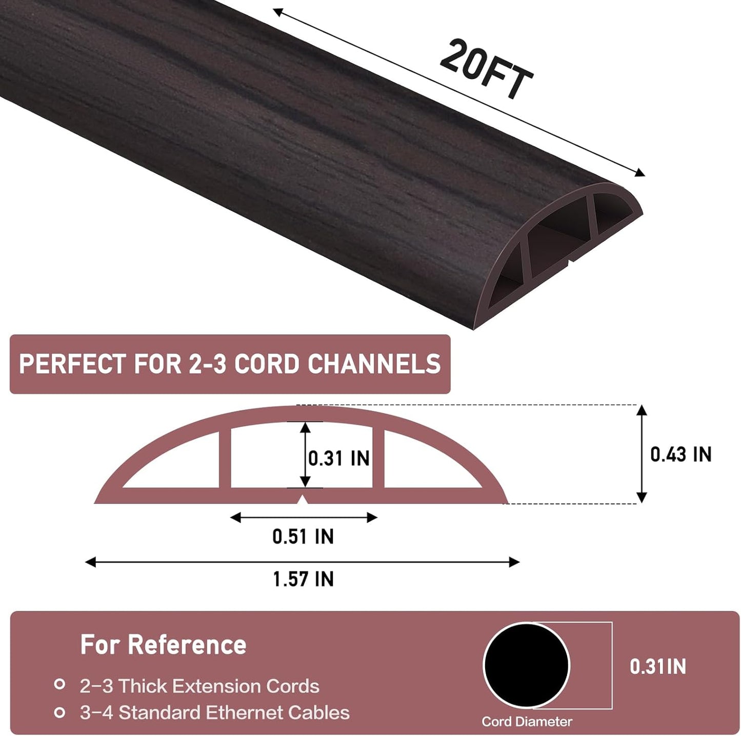 Floor Cord Cover Self Adhesive Cord Hider Floor Extension Cord Covers for Floor Power Cord Protector Cable Management Prevent Cable Trips Cable Cavity 0.51" W x 0.31" H (Dark Walnut, 20Ft)