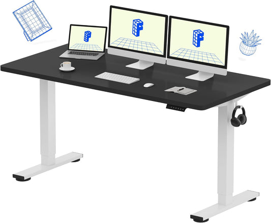 FLEXISPOT EN1 One-Piece Standing Desk, 60 x 24 Inches Large Height Adjustable Desk, Electric Sit Stand Desk Home Office Table Computer Workstation (White Frame + Black Desktop, 2 Packages)
