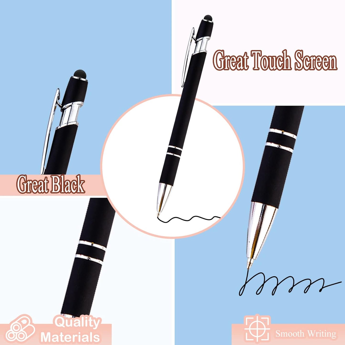 PASISIBICK 8 Pack Black Ballpoint Pens 2-in-1 Stylus Retractable Metal Stylus Pen for Touch Screens with Stylus tip, 1.0 mm Black Ink