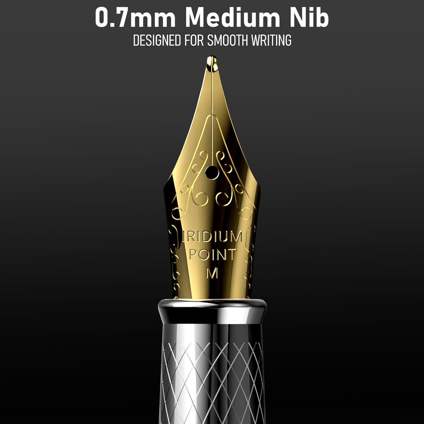 Nicpro Fountain Pen Set with Box, Classic Silver-Gold Fancy Pen with Converter, 0.7mm Medium Nib Smooth Writing Calligraphy, Office, Business, Luxury Gift Pen