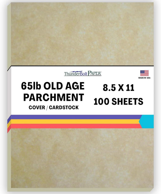 100 Old Age Parchment 65lb Cover Paper Sheets Cardstock Weight Colored Sheets 8.5X11 Inches Standard Letter Size - Printable Parchment
