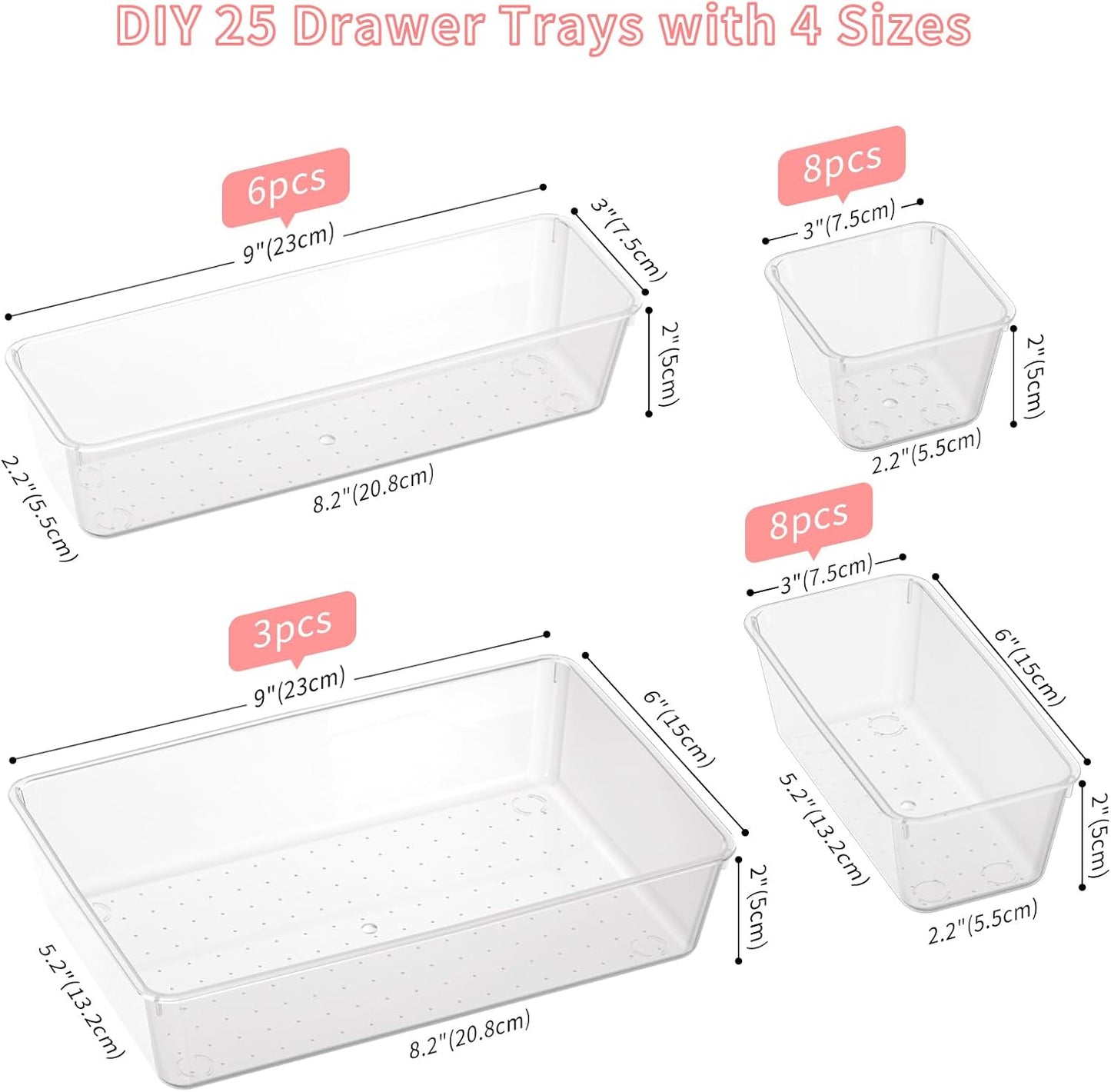 25 PCS Plastic Drawer Organizer Set, 4-size Clear Bathroom and Vanity Desk Drawer Organizer Trays, Non-Slip Versatile Storage Bins for Makeup Jewelry Office Kitchen Gadgets