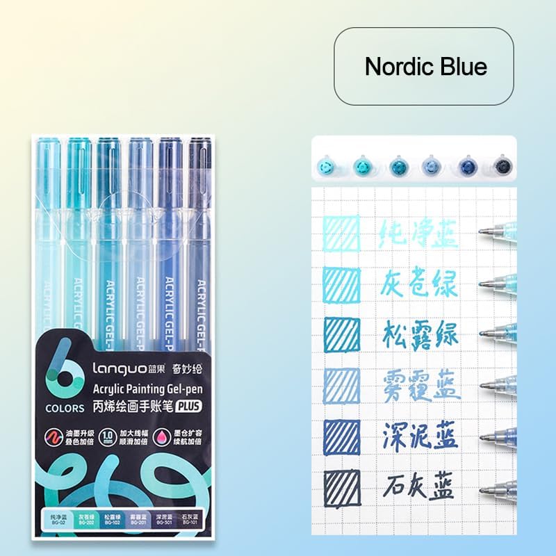Acrylic Gel Pens for Coloring Books, Quick Dry 6 Pcs 1.0mm Fine Point Gel Marker Pen for Drawing, Journaling Art, School Supplies, Nordic Blue