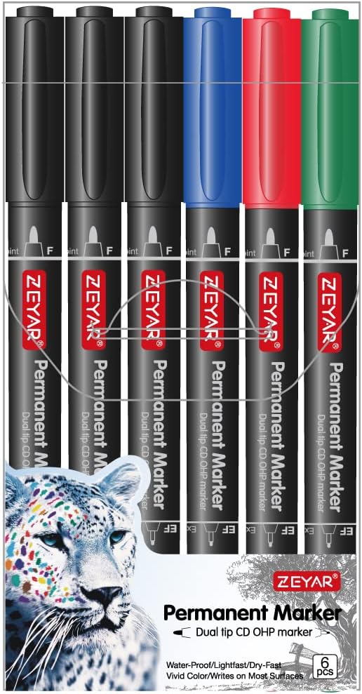 ZEYAR Twin Tip Permanent Markers, CD/DVD Markers, 4 Color, Ultra Fine Point and Fine Point for Signature and Marking (3 Black, 1 Red, 1 Green, 1 Blue)