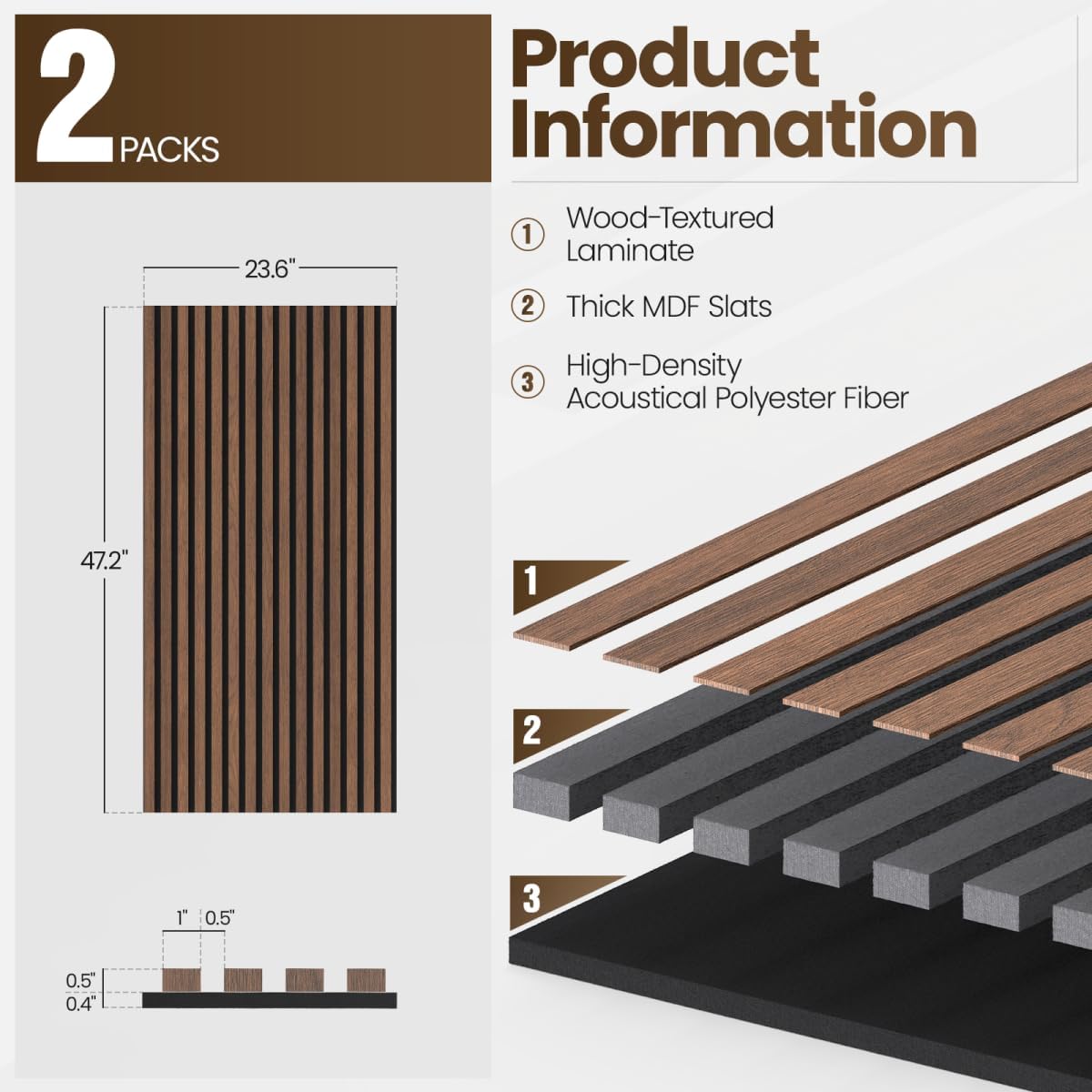 2 Pack Acoustic Wood Panels for Wall and Ceiling, 47.2" x 23.6" Wood Slat Wall Panel for Noise Reduction, Decorative Sound Proof Paneling for Office Studio Home Theater Kitchen Island, Walnut