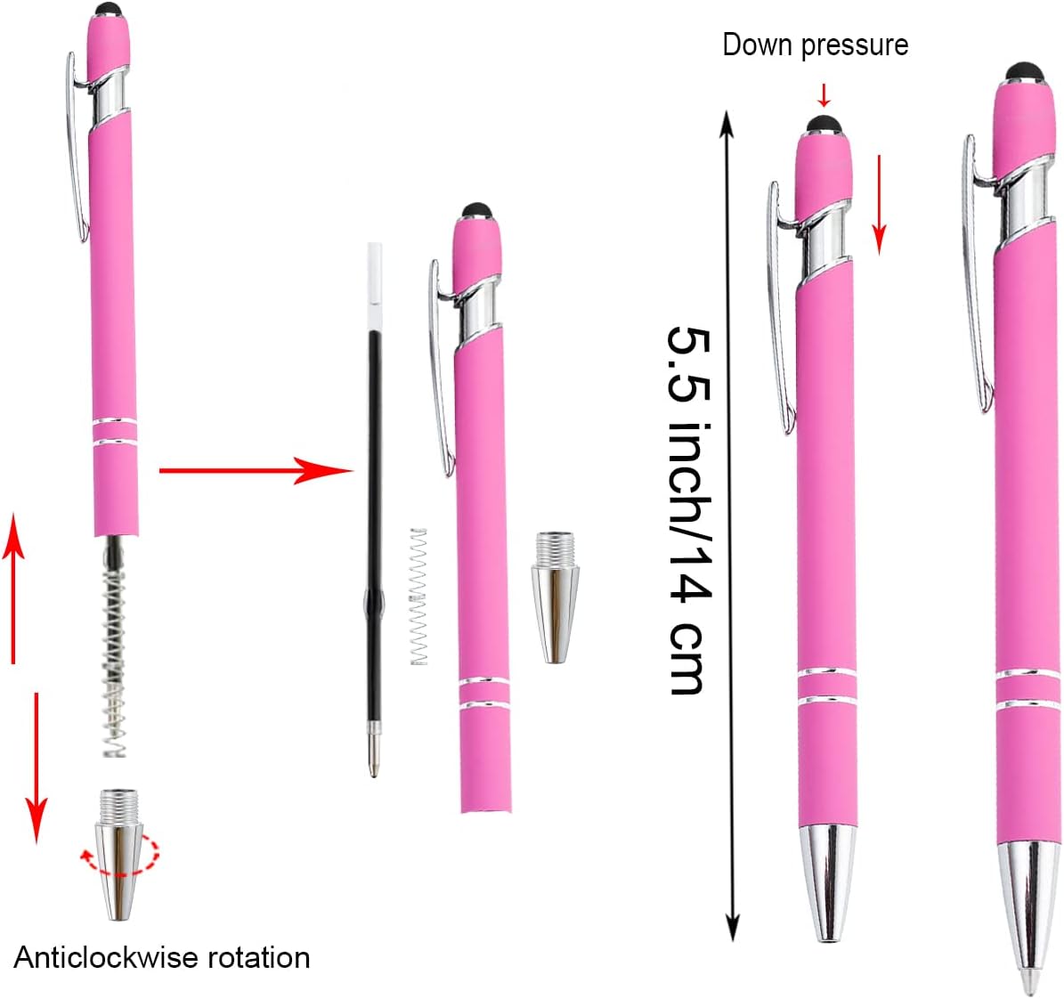 PASISIBICK 12 Pieces Pink Ballpoint Pen with Stylus Tip, 2 in 1 Stylus Stylish Pen, Premium Metal Stylus Pen for Touch Screens, Black Ink, 1.0 mm Medium Point(12 PCS Pink)