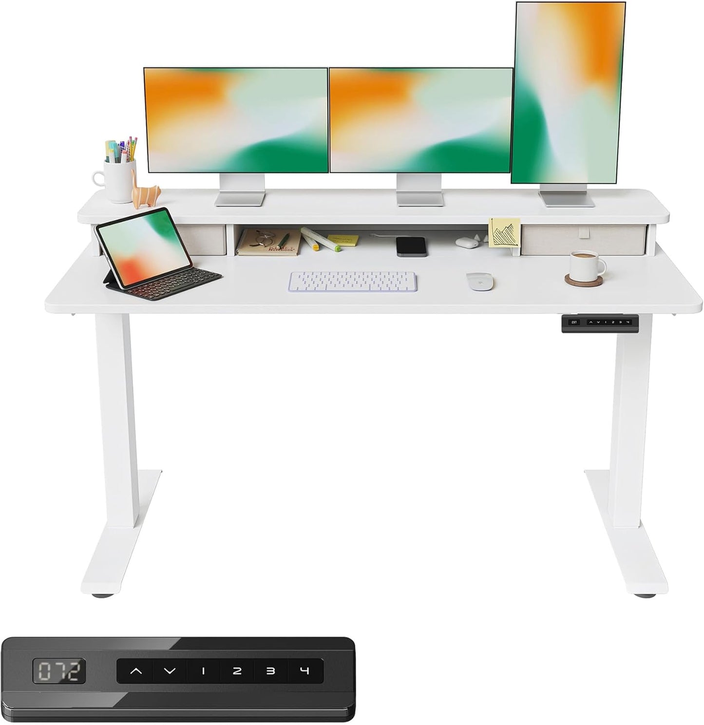 FEZIBO 63 x 28 Inch Deeper Height Adjustable Electric Standing Desk with Double Drawers, Sit Stand Up, Home Office Computer Desk with 4 Height-Adjustable Feets & 2 Hooks, White Frame/White Top