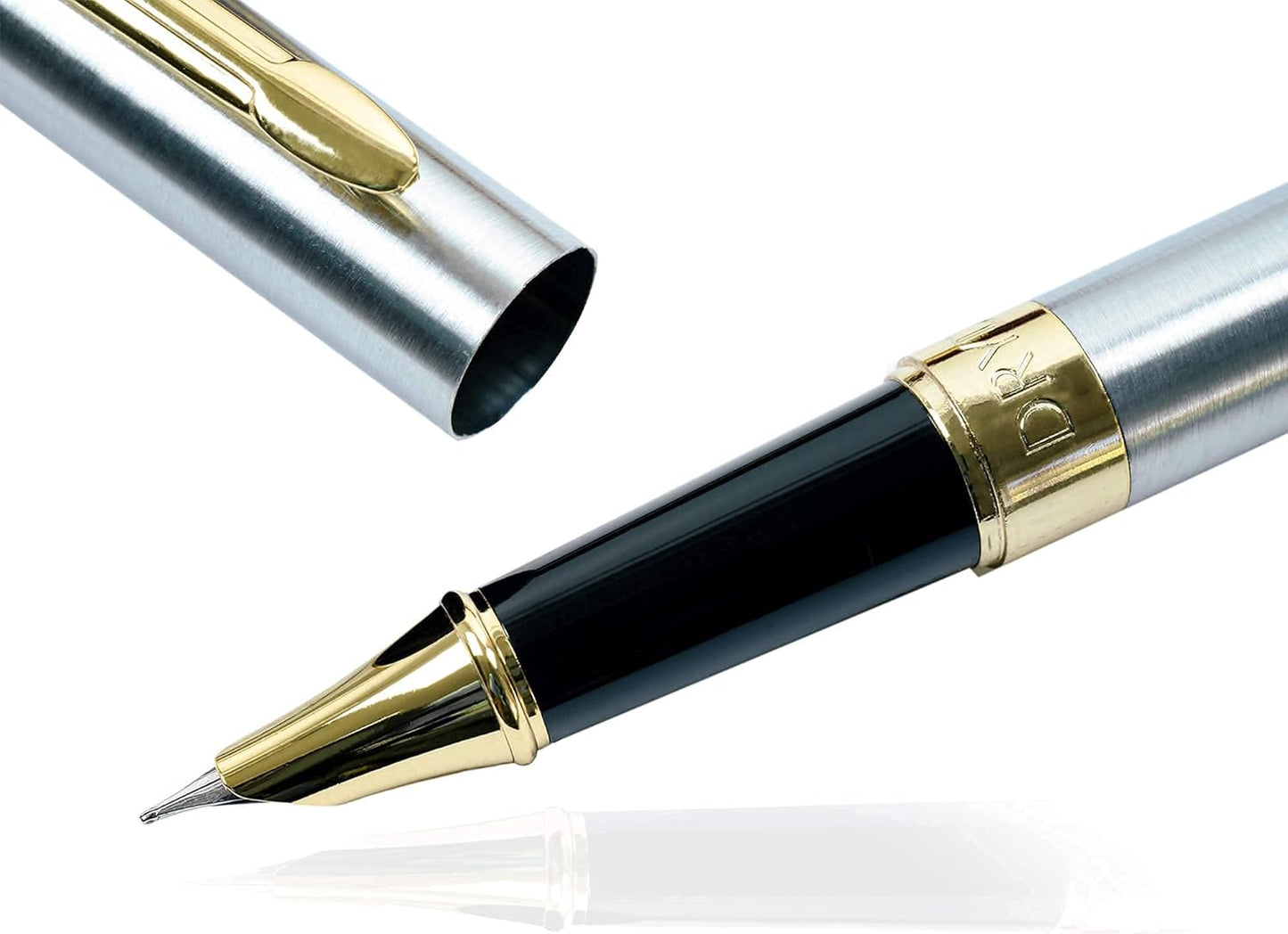 Dryden Designs Fine Nib Fountain Pen - Includes 24 Ink Cartridges - 12 Black and 12 Blue - Silver - Smooth Elegant Writing with Fine Nib and Ink Converters