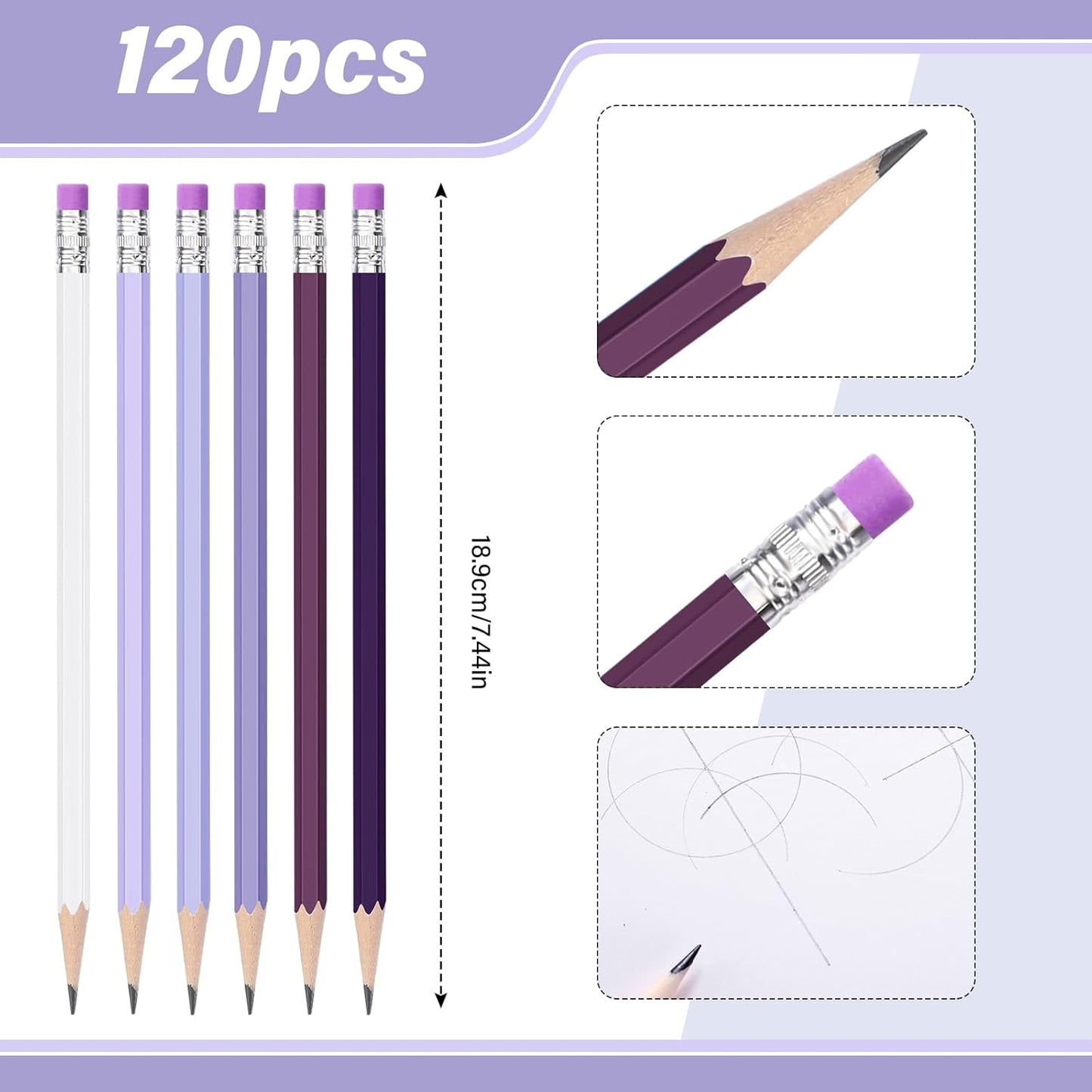TecUnite 120 Pcs #2 HB Pencils with Eraser No 2 Unsharpened Wooden Hexagonal Pencils for Adults Gifts for School Exam art Learning Office Sketching(Purple Series)