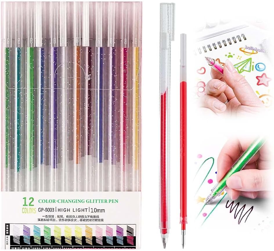 Glitter Gel Ink Pens, 2025 New Sparkle Metallic Dual Tone Iridescent Gel Pen Set for Coloring, with Replacement Pen Core, Paint Markers Sparkly Pens for Kids Adult Office Back to School Supplies (12)