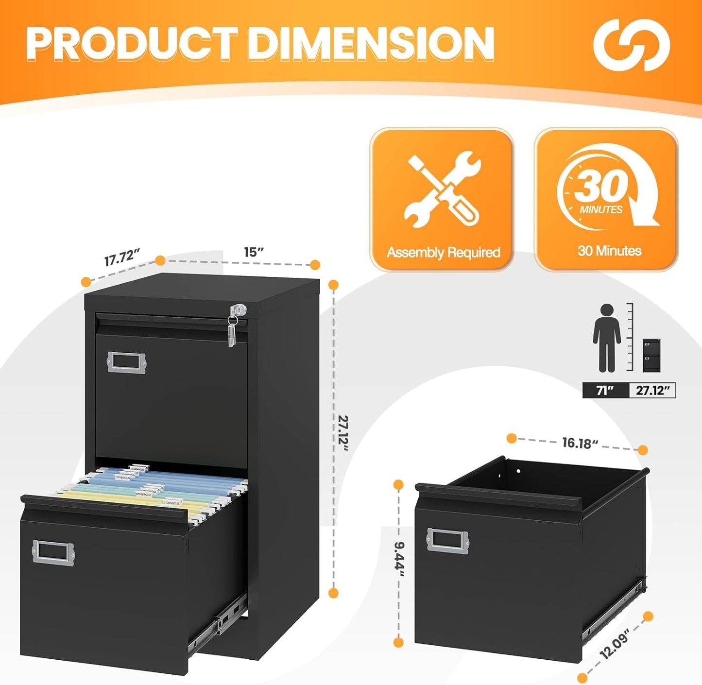 2 Drawer File Cabinet with Lock, Metal Filing Cabinets for Home Office, Vertical Black Small File Caninet, Steel Narrow Two Drawer File Cabnet for Letter/Legal / A4 / B4 - Assembly Required