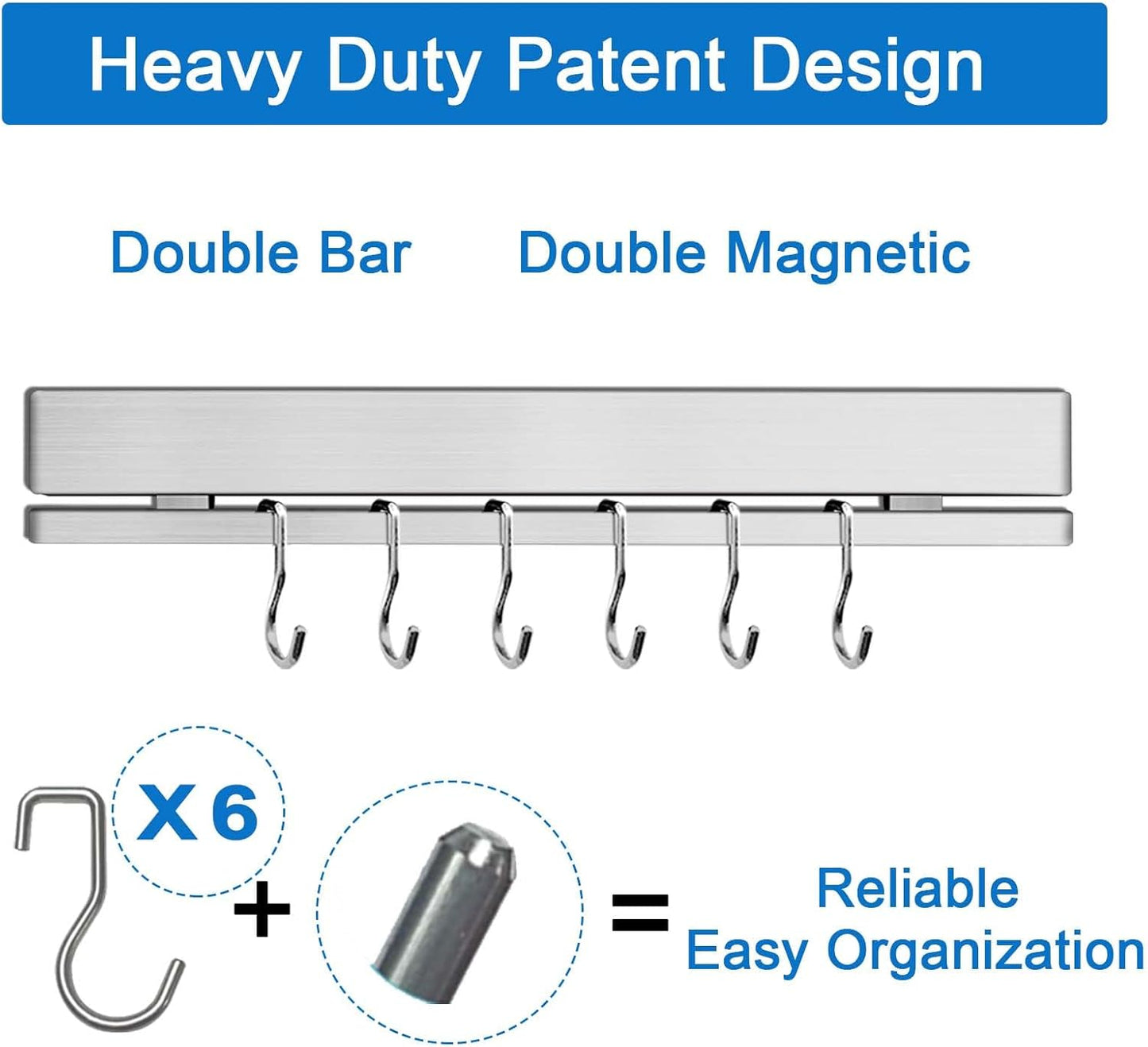 12 Inch Magnetic Knife Holder for Refrigerator with 6 Hooks - Double Sided Magnetic Knife Strip for Fridge - Premium Magnetic Knife Bar Rack - 304 Stainless Steel Kitchen Utensil Hanger