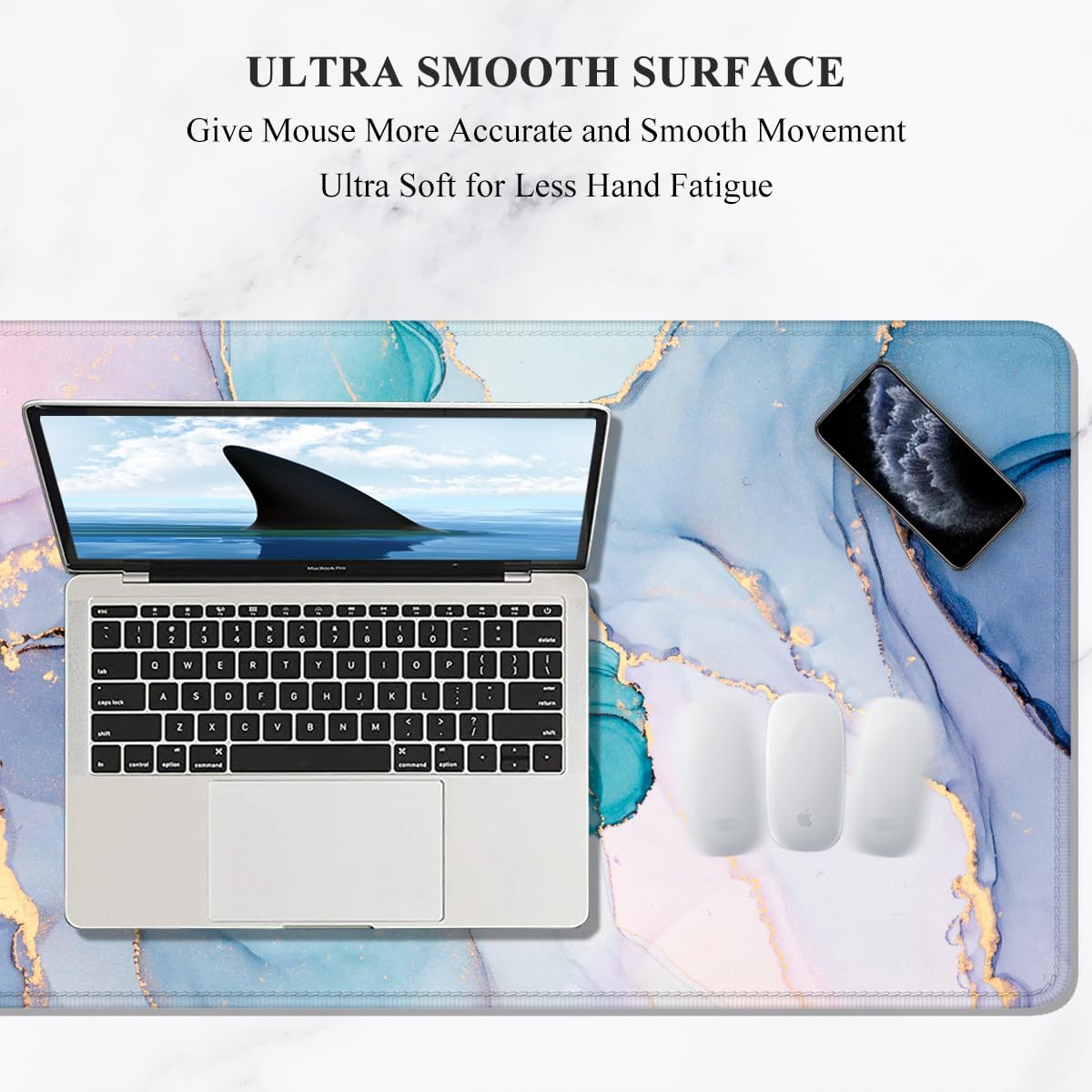 Auhoahsil Large Mouse Pad, XXL Gaming Mousepad, Desk Mat for Desktop, Thick Rubber, Big & Long Size, Stitched Edges, Full Desk Pad for Laptop & Computer, Extended 31.5 x 11.8 in, Blue Pink Marble