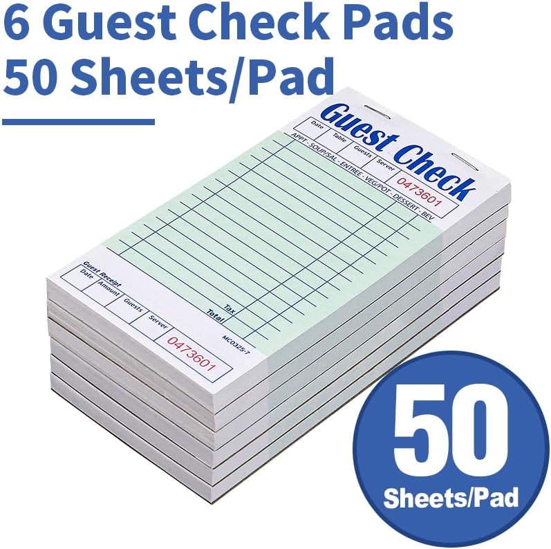 Guest Checks Server Note Pads 300 Sheets with Carbonless Copy Paper for Restaurants (6 Books) 3.5" x 6.75" Per Ticket Book