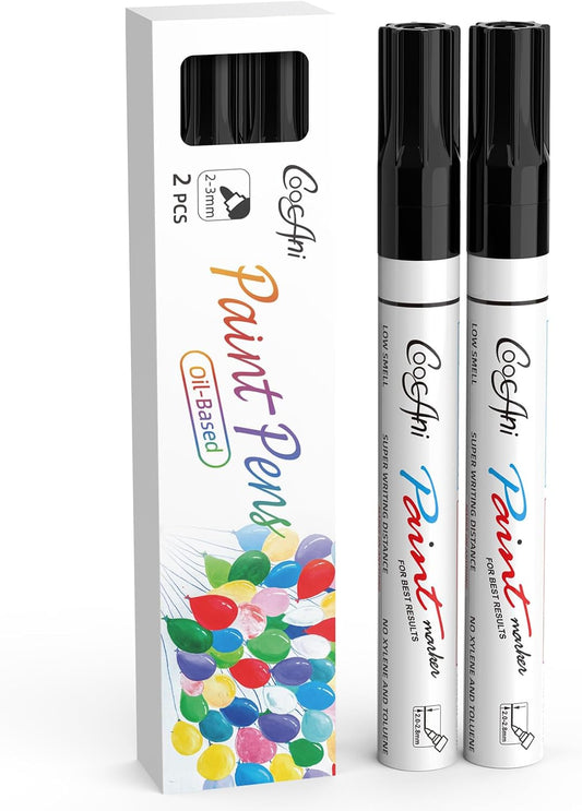 2 Pack Black Paint Markers, Oil Based Quick Drying and Waterproof Paint Markers for Wood, Rock Painting,Metal,Canvas,DIY Crafts,Art Supplier,Medium Point Tip (Black)