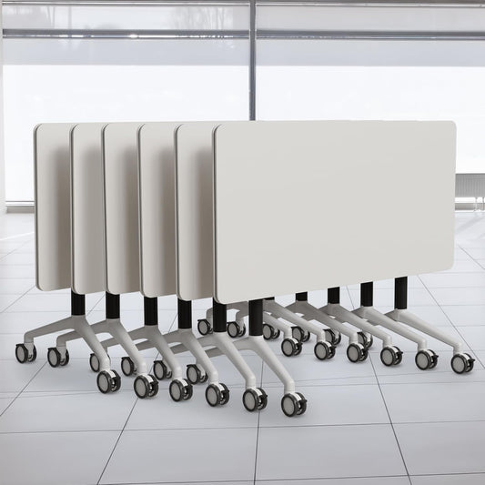 Folding Conference Table, Modern Conference Room Tables with Flip-Top Design, Foldable Conference Table Meeting Table with Wheels, Mobile Seminar Training Tables for Office Classroom (6, White 2)