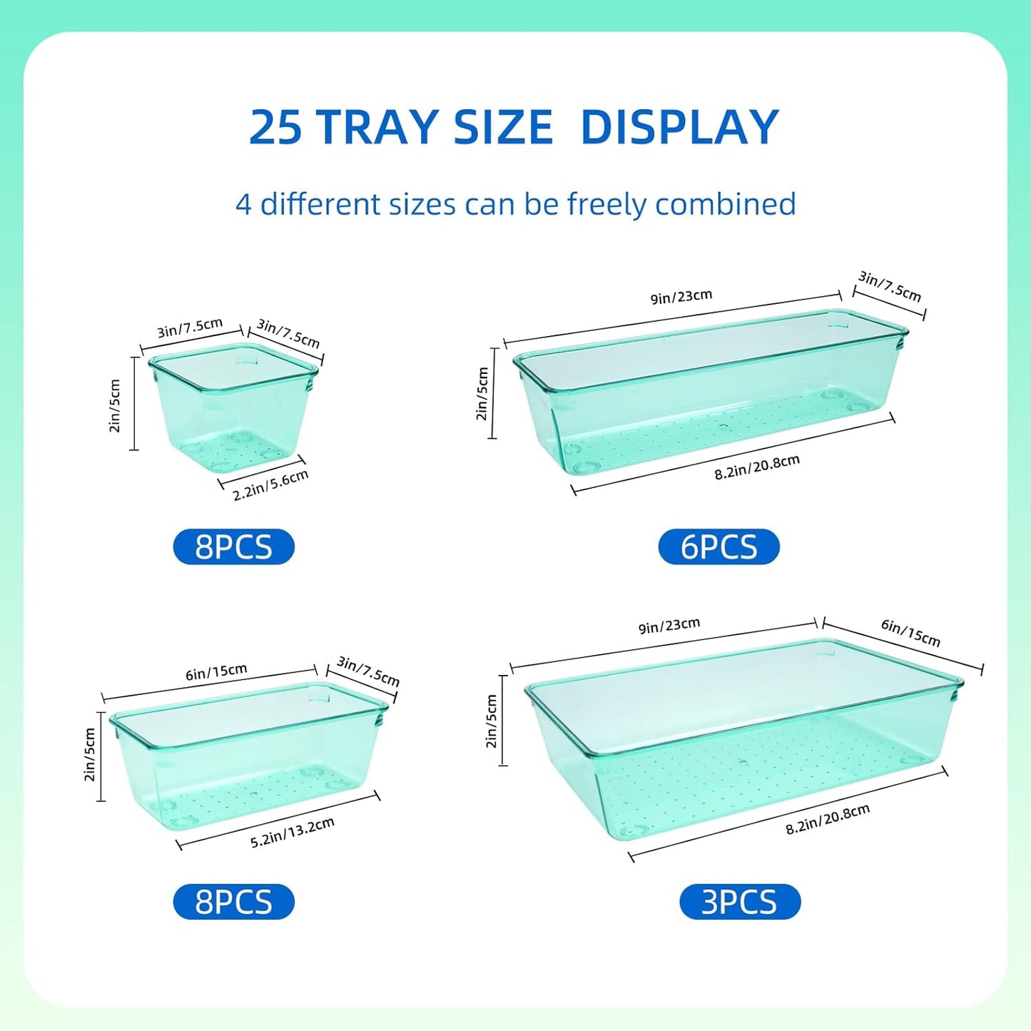 Kitchen Desk Drawer Organizers Storage for Office, Small Acrylic Vanity Trays Makeup for Drawer Bathroom Plastic Make up Organizers 25 Pcs Green