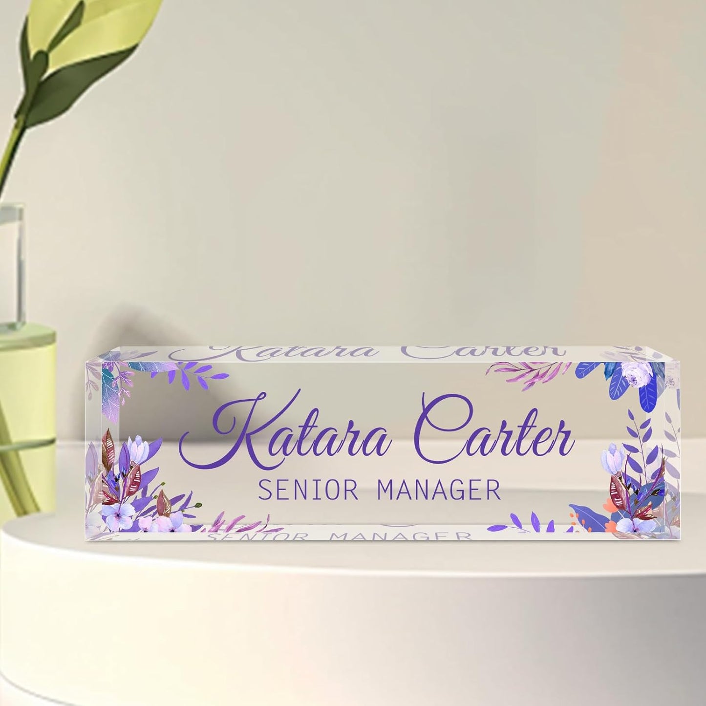 Name Plate for Desk Personalized, Acrylic Desk Decorations, Employee Appreciation Gifts, Custom Office Gifts for Coworkers, Boss, Teacher, Nurse (Purple Leaves)