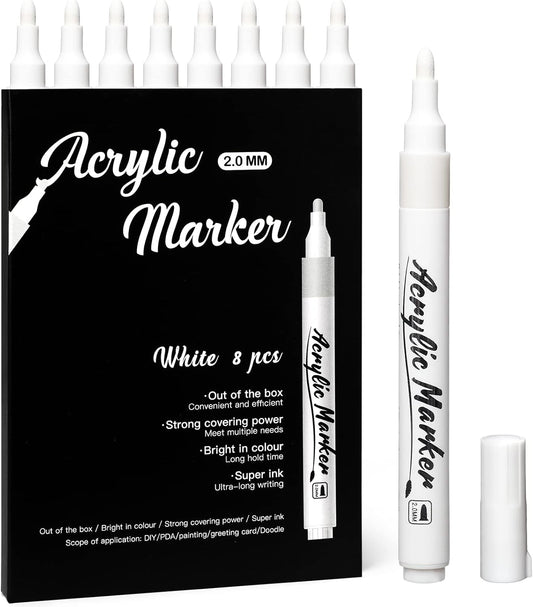 White Markers Pen, 8 Pack Paint Pens, Fine Tip Acrylic White Permanent Markers for Sketching, Drawing, Wood, Rock, Tyres, Plastic, Leather, Glass, DIY Painting