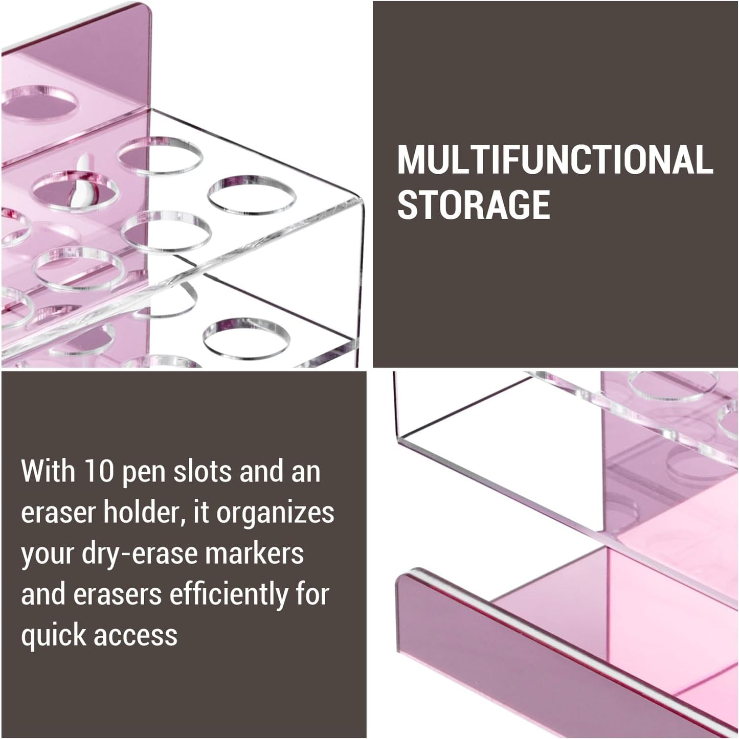 MyGift Dry Erase Marker Holder 10 Slots Whiteboard Marker Holder For Wall Dry Erase Eraser Holder Wall Mount Rose Pink